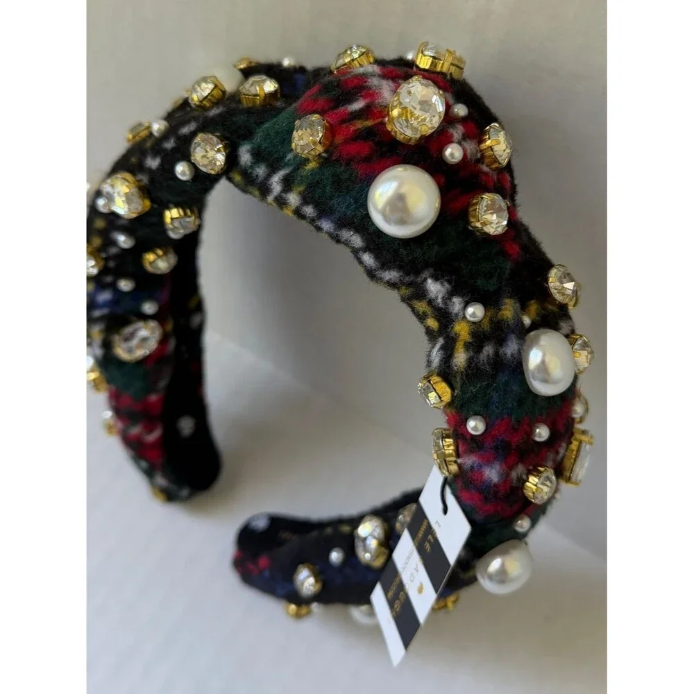 Lele Sadoughi Pearl and Crystal Flannel Knotted Headband Jet Plaid One Size